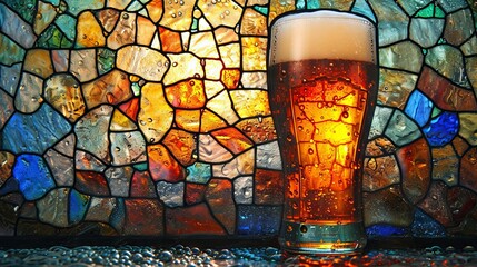 Stained glass window background with colorful abstract beer or alcohol drink glasses.