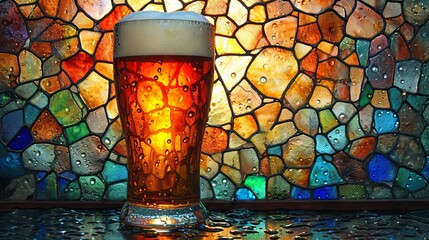 Stained glass window background with colorful abstract beer or alcohol drink glasses.
