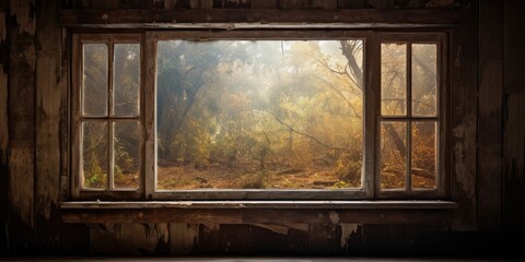 Interior view of an abandoned house through an aged window made of wood.