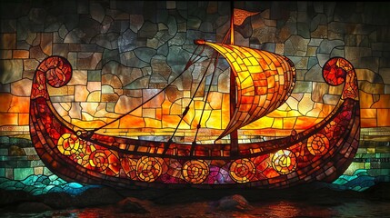 Stained Glass Wallpaper of an ancient Viking ship with bright colors.
