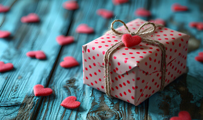pink holiday gift box with red hearts on light wood background 