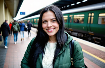 European traveller woman black hair on a trip in a train station