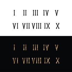 Vector template, Gold and Black roman numerals set elegant ancient number font 1 to 10 old luxury math for templates and retro.