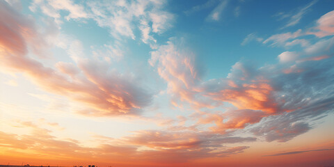 A beautiful sky with blue orange yellow and pink wispy clouds Orange Sky at Dawn Day Summer sunrise blue sky panorama with fleece clouds morning good weather background. - obrazy, fototapety, plakaty