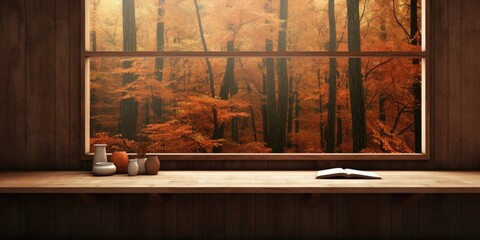 Table and window in a wooden space amidst an autumnal forest.