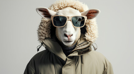 Sheep head wearing sunglasses on the human body of a man wearing winter Clothes on white background