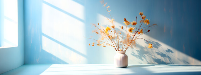 There is a vase with yellow flowers near the window. Soft light from the window. Sunny atmosphere, minimalist still life.