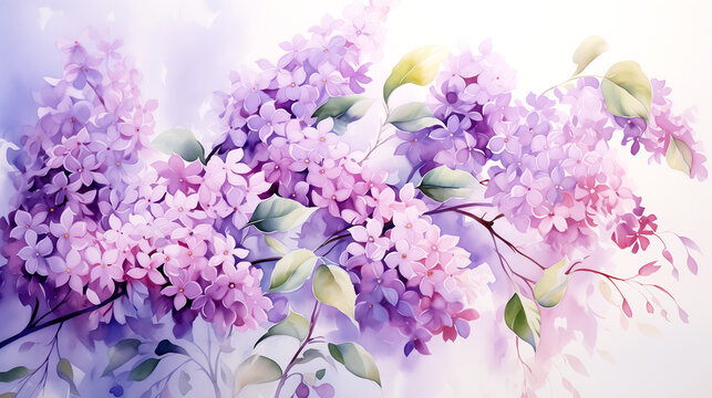 Spring Lilac blossom in the garden Watercolor painting Nature illustration