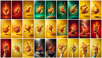 Mega collection of 27 social media story background fried chicken. used for fast food restaurant advertising - obrazy, fototapety, plakaty