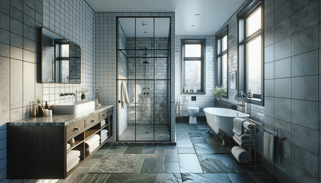 featuring a contemporary design. The bathroom includes glass doors and subway tile walls