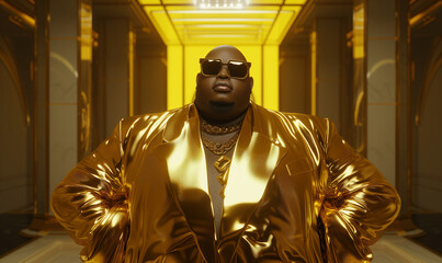 Fototapeta na wymiar Stylish Man in Opulent Gold Jacket, Sunglasses, and Chain, Luxury Fashion