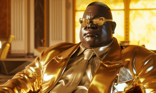 Resplendent Relaxation: Man Reclining in Shimmering Gold Attire, Embodiment of Luxury and Calm Confidence