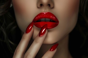 Fototapeta premium bold red lips and nails, an enticing allure, Generative AI