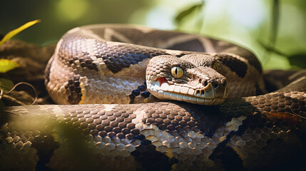 Fototapeta premium A coiled python in a natural habitat, AI Generative.