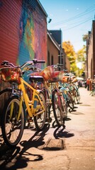 Fototapeta na wymiar A row of bicycles parked on a street. Generative AI.