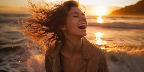 Fototapeta premium A woman laughing at the beach at sunset. Generative AI.
