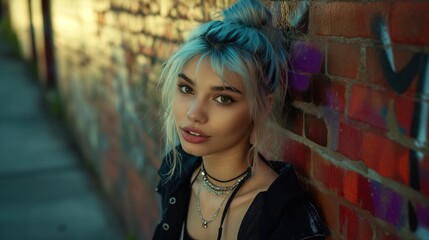 Naklejka premium Portrait of a mixed race girl with blue and blonde hair leaning against stone wall, brown eyes, red lipstick, wearing rocker fashion