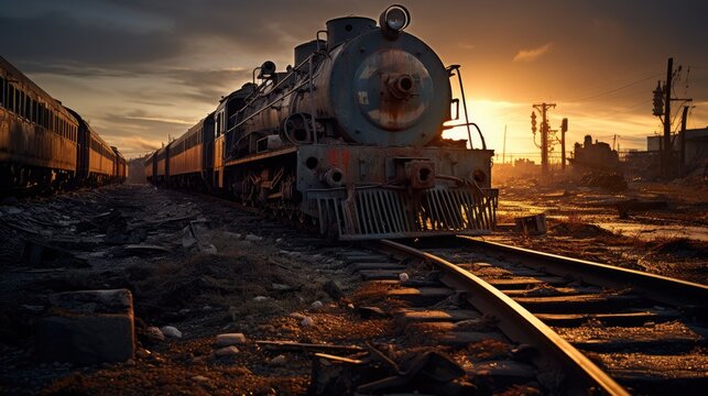 A train is on the tracks at sunset. Generative AI.
