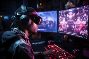 A gaming enthusiast participating in the virtual economy by buying in-game items with digital currency, showcasing the integration of virtual and real-world economies. Generative Ai.