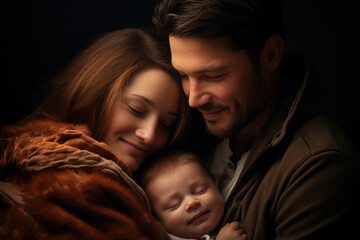 A couple joyfully cradling their newborn baby, symbolizing the heartwarming arrival of a new family member and the beginning of parenthood. Generative Ai.
