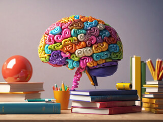 Colorful lightbulb brain with books and stationery, education concept - generated by ai