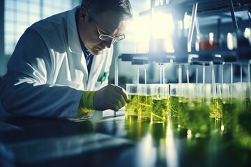 A man in a lab coat is working on a green liquid. Generative AI. - obrazy, fototapety, plakaty