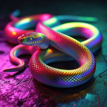 Neon colored Rainbow snake in neon light on a dark background. 3d render.