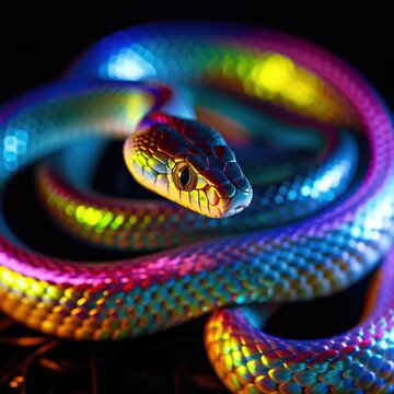 Close-up of a glowing neon colored snake in neon light on a dark background. 3d render.