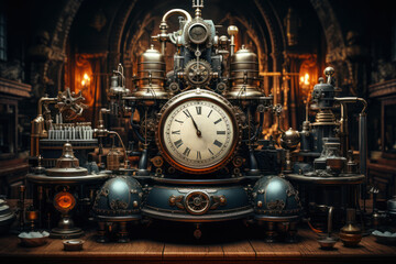 Enter an alternate reality where steam-powered machinery and Victorian aesthetics collide, creating a fantastical steampunk universe. Generative Ai. - obrazy, fototapety, plakaty