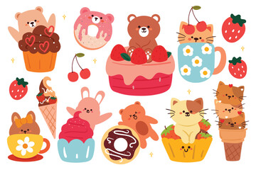 hand drawing cartoon cute animals and dessert. cute animal and food sticker set. kawaii sticker collection