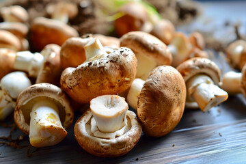 Meaty mushrooms. Backdrop with selective focus and copy space