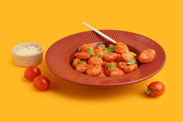 Plate of tasty gnocchi with tomato sauce and cheese on yellow background