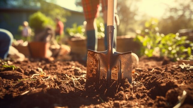 Closeup of a rake digging into the earth, helping to clear debris from a community garden.