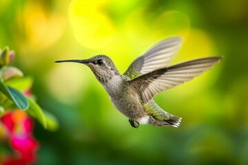 Fototapeta premium Hummingbirds in spring nature. Backdrop with selective focus and copy space