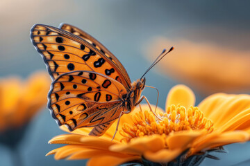Butterfly on a flower, macro. Backdrop with selective focus and copy space
