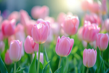 Spring tulips of the same color. Backdrop with selective focus and copy space