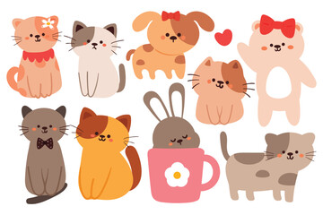 hand drawing cartoon cat. cute animal doodle for sticker, icon. cute animal sticker set