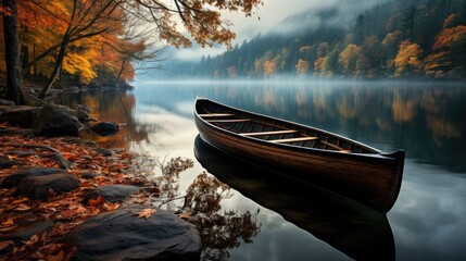 boat lake autumn tranquility grace landscape zen harmony rest calmness unity harmony photography - obrazy, fototapety, plakaty