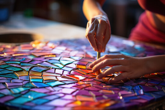 Creating a mosaic art piece, assembling colorful tiles into a design. Concept of visual art and detailed handiwork. Generative Ai.