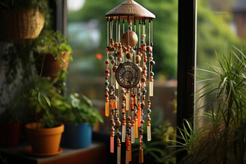 A homemade wind chime project, using recycled materials for a melodious creation. Concept of eco-friendly crafts and sound art. Generative Ai. - obrazy, fototapety, plakaty