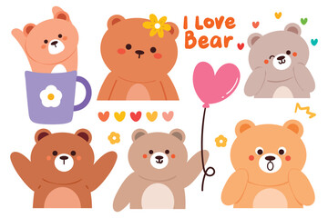 hand drawing cartoon bears. cute animal doodle for sticker, icon. cute animal sticker set