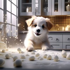 Puppy in the kitechen. A playful puppy tries to help in the kitchen, creating chaos with flour. Generative AI.