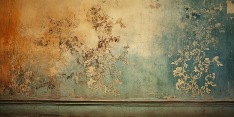 Old decorative pattern on grunge wall provides vintage ambiance.