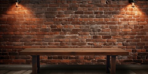 Fototapeta na wymiar Vintage brick wall background with brown wooden table in dark interior room for product placement.