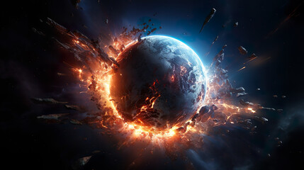 Fototapeta premium 隕石が衝突して破壊される惑星