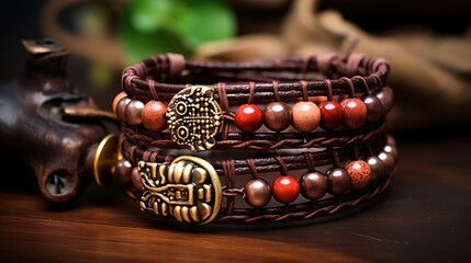 A photo showcasing a handcrafted leather wrap bracelet, combining rustic charm with boho aesthetics.