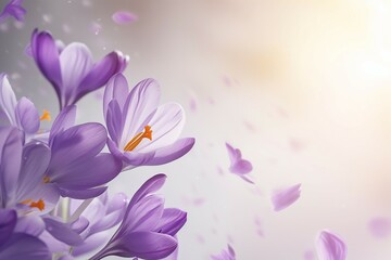 Fototapeta premium Blooming purple crocus flowers on a sunny spring day. Spring awakening concept.