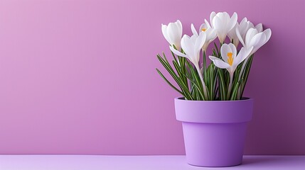 White crocus in pastel violet flowerpots. Pastel lilac background. Spring awakening concept.