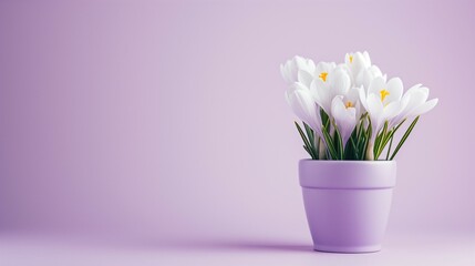 White crocus in pastel purple flowerpots. Pastel lilac background. Spring awakening concept.