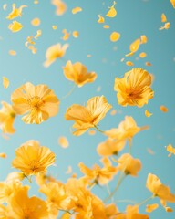 Fototapeta na wymiar Fresh spring yellow flowers in the air, on clear blue sky. Spring awakening concept.